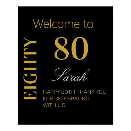 Classic Modern 80th Birthday Black Gold Welcome Poster
