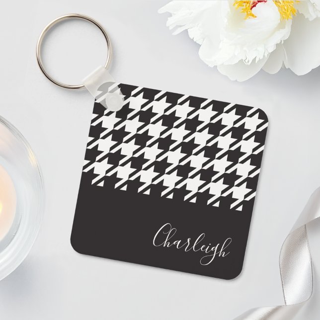 Classic Modern Black and White Houndstooth Name Keychain (Creator Uploaded)