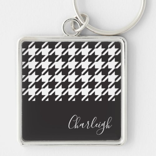Classic Modern Black and White Houndstooth Name Keychain