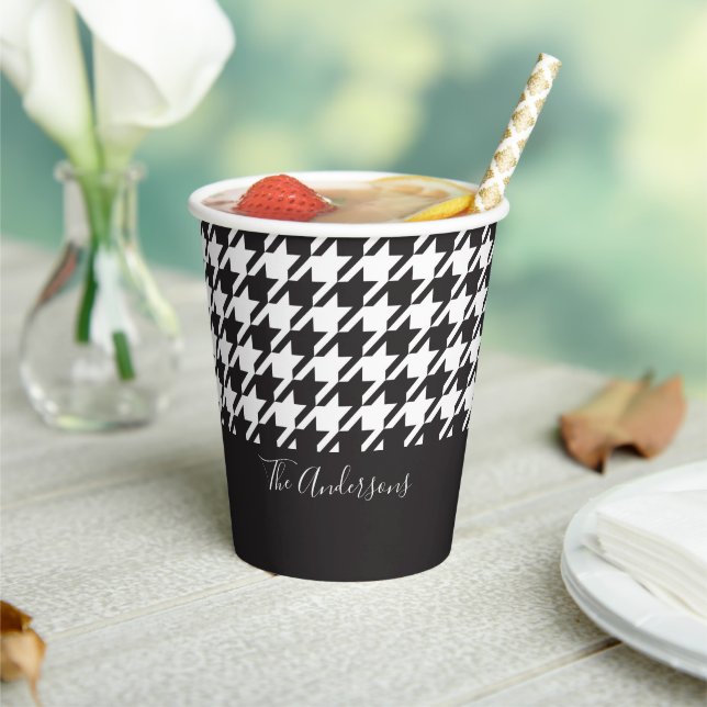 Classic Modern Black and White Houndstooth Paper Cups (Insitu)