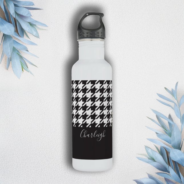Classic Modern Black and White Houndstooth Stainless Steel Water Bottle (Creator Uploaded)