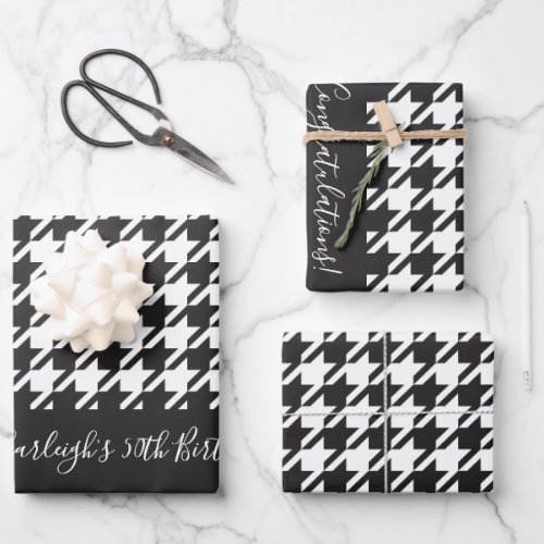 Classic Modern Black and White Houndstooth Wrapping Paper Sheets