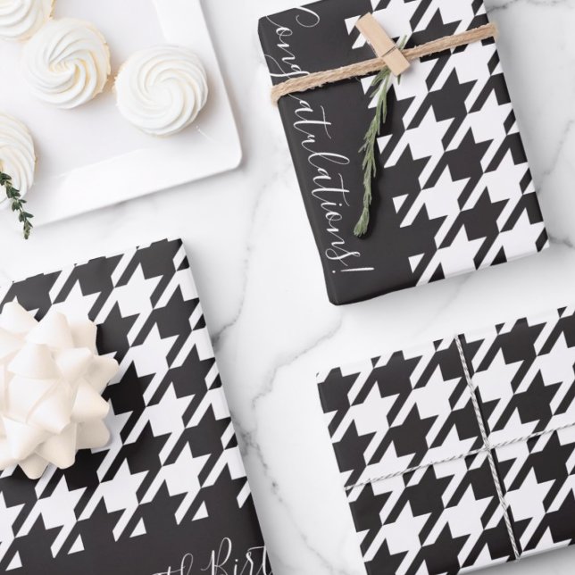 Classic Modern Black and White Houndstooth Wrapping Paper Sheets (Creator Uploaded)