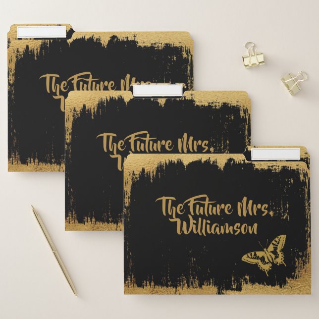 Classic Modern Black & Gold Butterfly Mrs. Bride File Folder (Set)