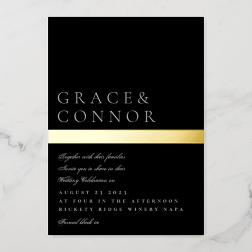 Classic Modern Black Gray Gold Foil Stripe Wedding Foil Invitation