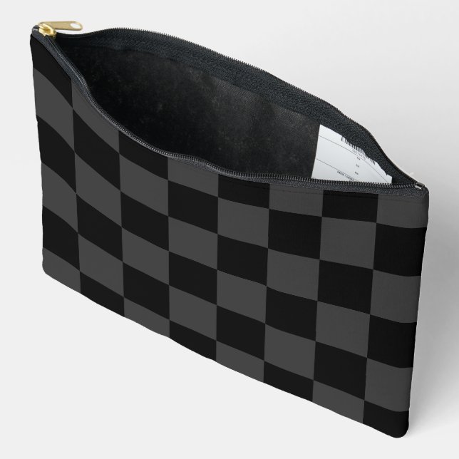 Classic Modern Black & Smoky Black Checkerboard  Accessory Pouch (Open)