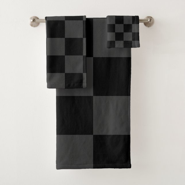 Classic Modern Black & Smoky Black Checkerboard  Bath Towel Set (Insitu)