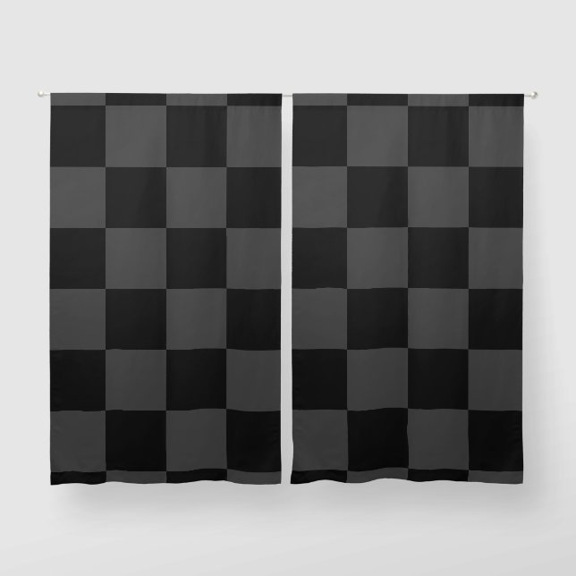 Classic Modern Black & Smoky Black Checkerboard  Blackout Curtains (Pair)