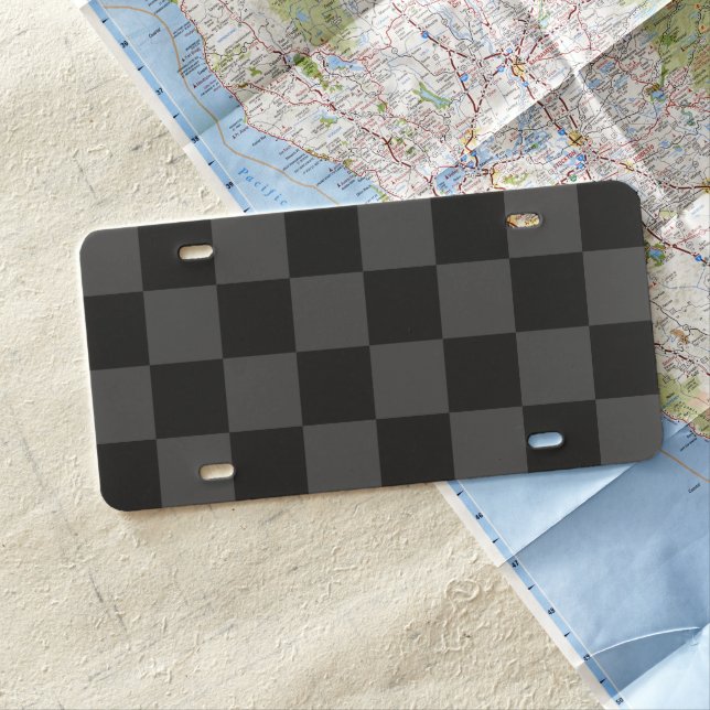 Classic Modern Black & Smoky Black Checkerboard  License Plate (In Situ)