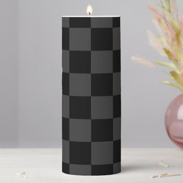 Classic Modern Black & Smoky Black Checkerboard  Pillar Candle (In Situ)