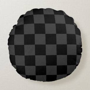 Classic Modern Black & Smoky Black Checkerboard Round Pillow