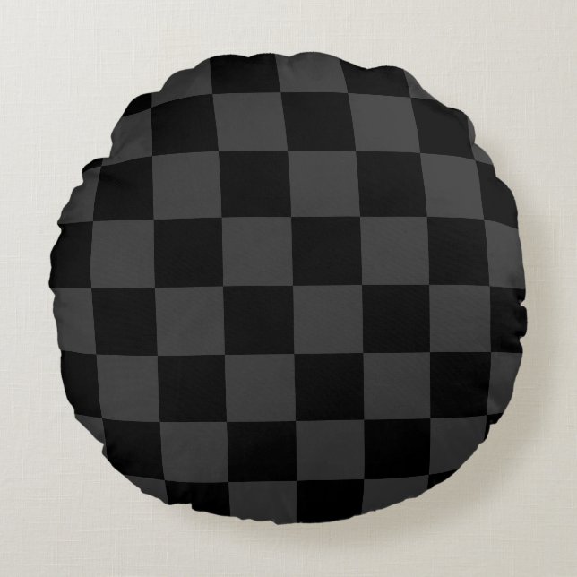Classic Modern Black & Smoky Black Checkerboard  Round Pillow (Front)