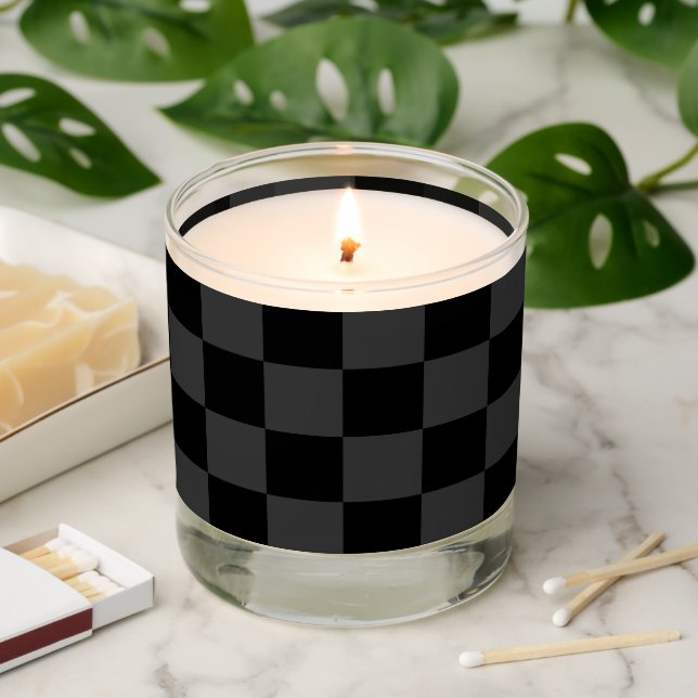 Classic Modern Black & Smoky Black Checkerboard  Scented Candle (Lit)