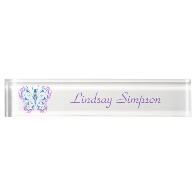 Classic Modern Blue Pink Purple Butterfly Art Name Plate (Front)