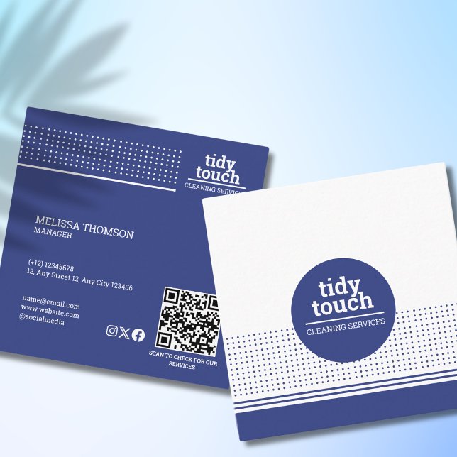 Classic Modern Blue Polka Dots Cleaning Services Square Business Card (Creator Uploaded)