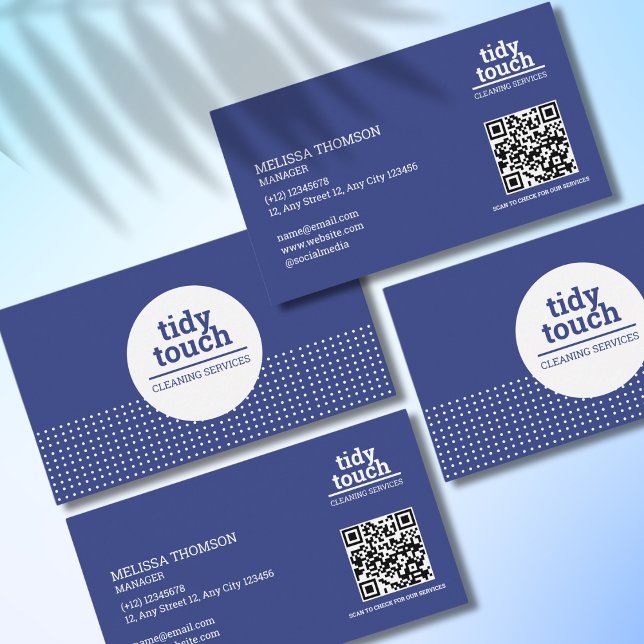Classic Modern Blue White Polka Dots Cleaning Business Card (Creator Uploaded)