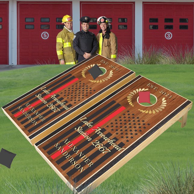 Classic Modern Brown Wood Grain Firefighter Flag Cornhole Set (Creator Uploaded)
