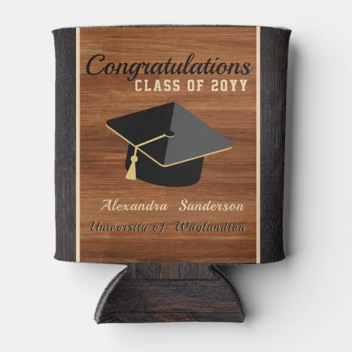 Classic Modern Brown Wood Grain Graduation cap Can Can Cooler