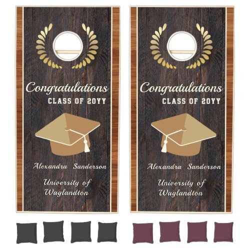 Classic Modern Brown Wood Grain Graduation Cap Cornhole Set