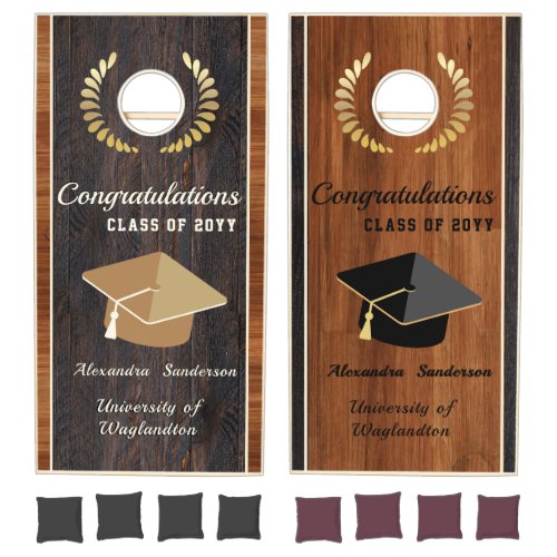 Classic Modern Brown Wood Grain Graduation Cap Cornhole Set