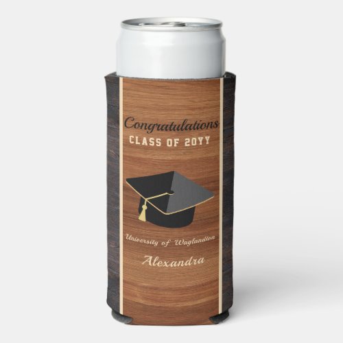 Classic Modern Brown Wood Grain Graduation cap  Seltzer Can Cooler