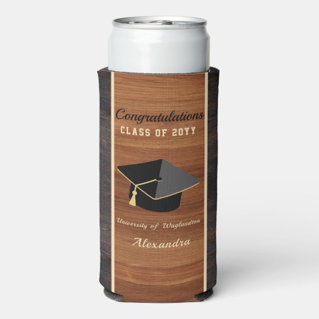 Classic Modern Brown Wood Grain Graduation cap  Seltzer Can Cooler (Seltzer Back)