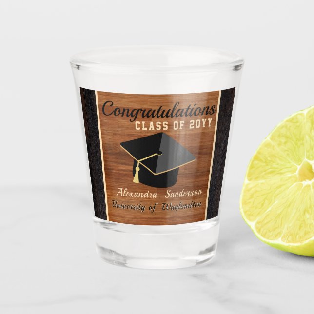 Classic Modern Brown Wood Grain Graduation Cap  Shot Glass (Front)