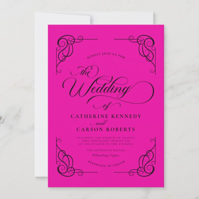 Classic Modern Calligraphy Wedding - Hot Pink Invitation (Front)