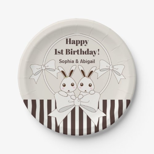 Classic Modern Cute Twin Bunny Girl Birthday Paper Plates