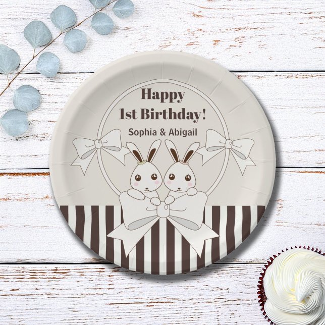 Classic Modern Cute Twin Bunny Girl Birthday Paper Plates (Creator Uploaded)