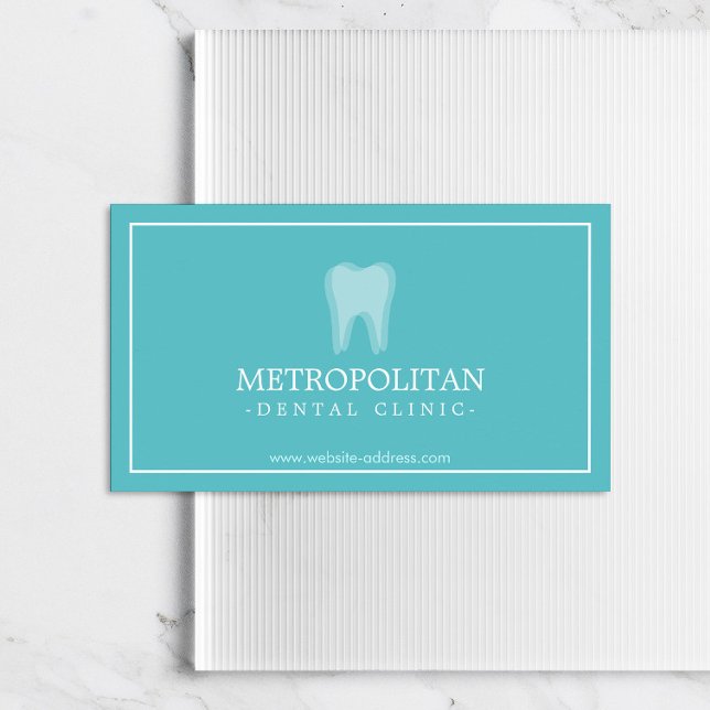 Classic Modern Dentist Tooth Logo on Aqua Blue Business Card (Creator Uploaded)