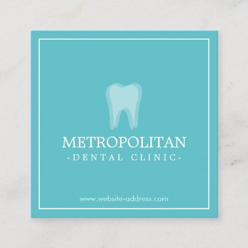 Classic Modern Dentist Tooth Logo on Aqua Blue Square Business Card