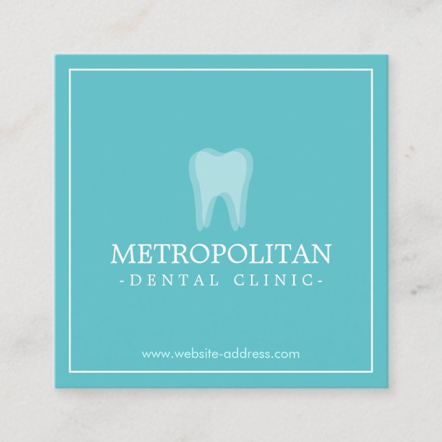 Classic Modern Dentist Tooth Logo on Aqua Blue Square Business Card (Front)