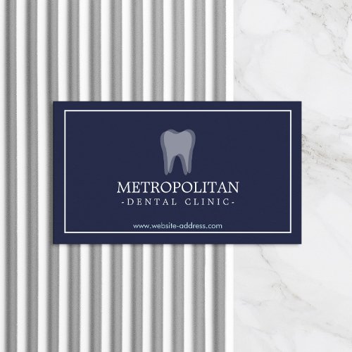 Classic Modern Dentist Tooth Logo on Navy Blue Business Card
