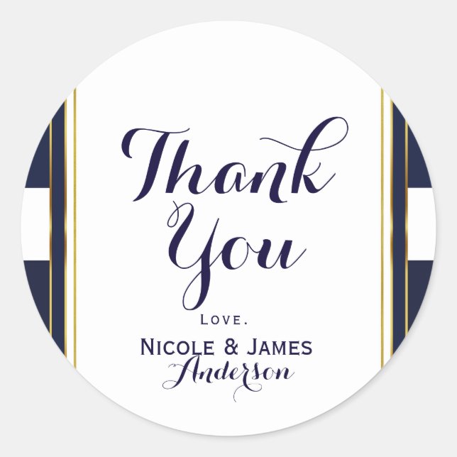 Classic Modern Elegant Blue & Gold Wedding Favor Classic Round Sticker (Front)