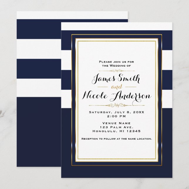 Classic Modern Elegant Blue & Gold Wedding Invitation (Front/Back)