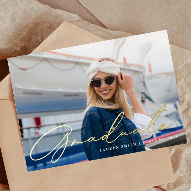 Classic Modern Gold Calligraphy Graduation Party Foil Invitation (Creator Uploaded)
