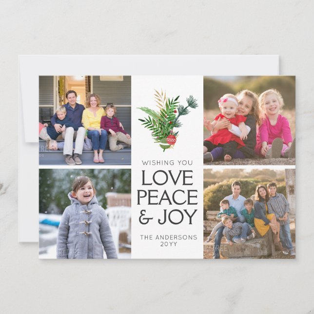 Classic Modern Love Peace Joy Christmas 5 Photo Holiday Card (Front)