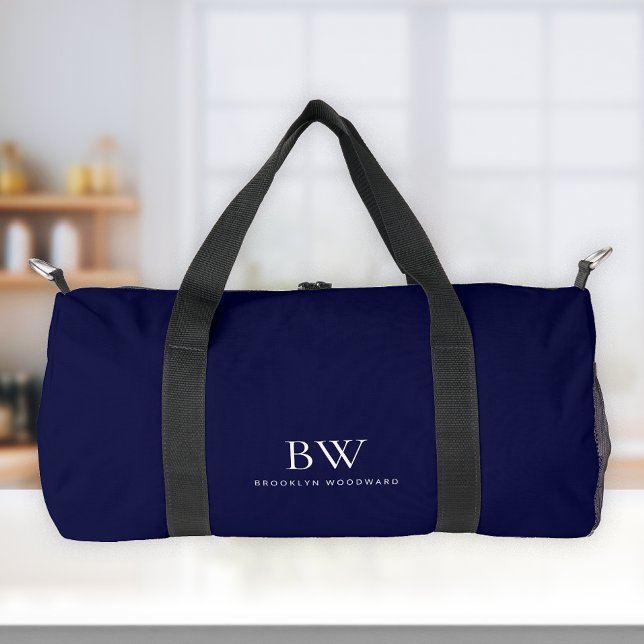 Classic Modern Minimal Navy Blue White Monogram  Duffle Bag (Creator Uploaded)