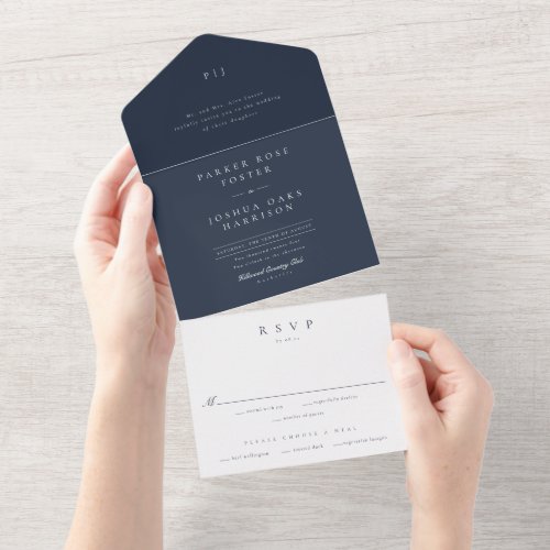 Classic Modern Navy Blue Elegant Wedding All In One Invitation