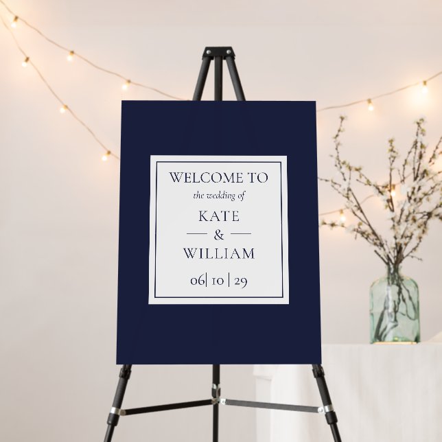 Classic Modern Navy Blue Wedding Welcome Sign (In Situ (Stand))