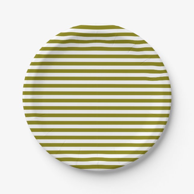 Classic Modern Olive Green and White Striped Paper Plates (Front)