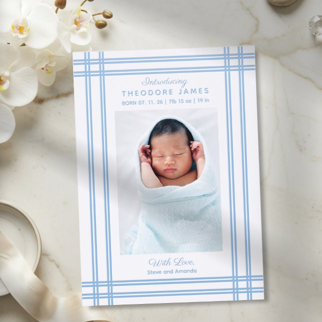 Classic Modern Plaid Frame Baby Birth Announcement (Creator Uploaded)