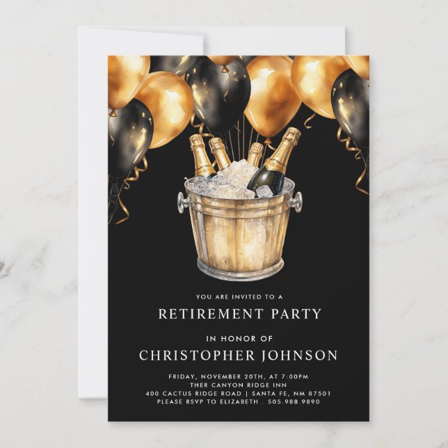 Classic Modern Retirement Party Gold Black  Invitation (Front)