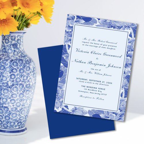 Classic Modern Retro Blue Chinoiserie Wedding Invitation