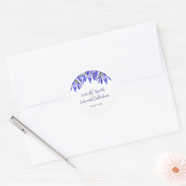Classic Modern Royal Blue Iris Floral Wedding Clas Round Sticker (Envelope)