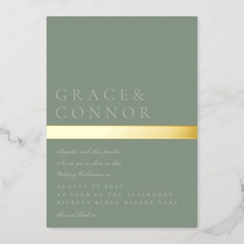 Classic Modern Sage Green Gold Stripe Wedding Foil Invitation