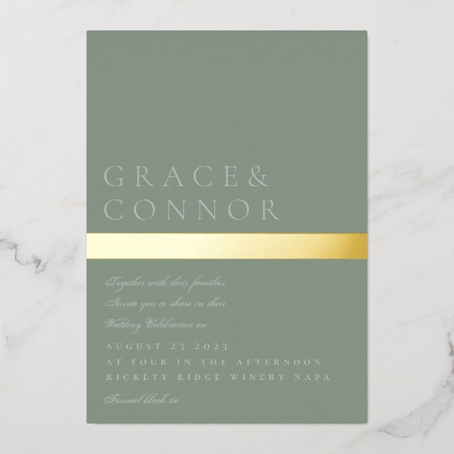 Classic Modern Sage Green Gold Stripe Wedding Foil Invitation (Front)