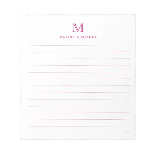 Classic Modern Simple Magenta Pink Monogram Lined Notepad