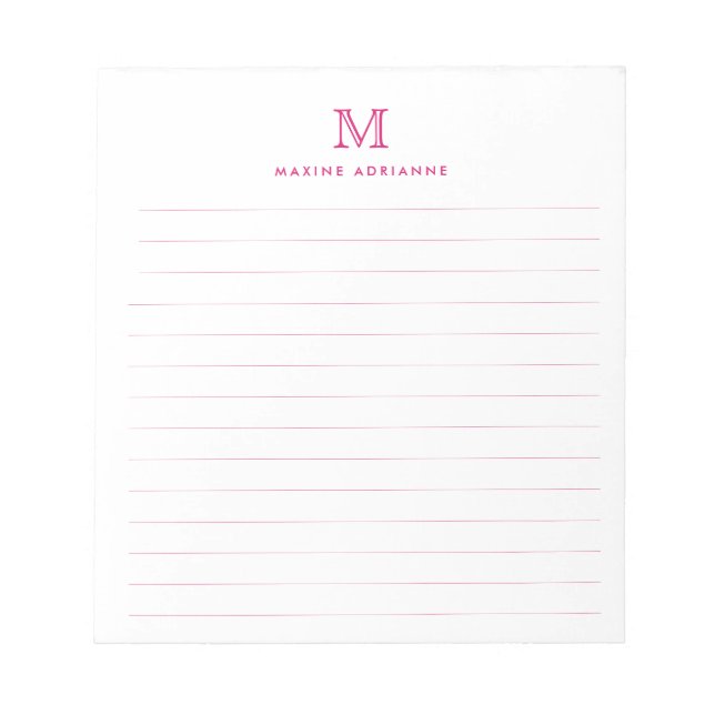 Classic Modern Simple Magenta Pink Monogram Lined Notepad (Front)